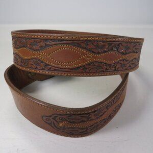 Brown Leather Belt USA tooled & stitched detail size 38 and 1 1/2" wide Western